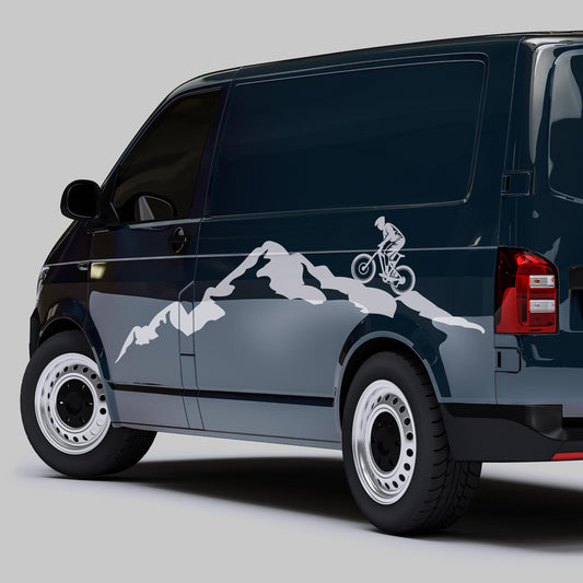 Mountainbiker Bergsilhouette Folienschnitt Fahrzeugaufkleber mit Farbauswahl und in Wunschgröße von STICKYHUGO